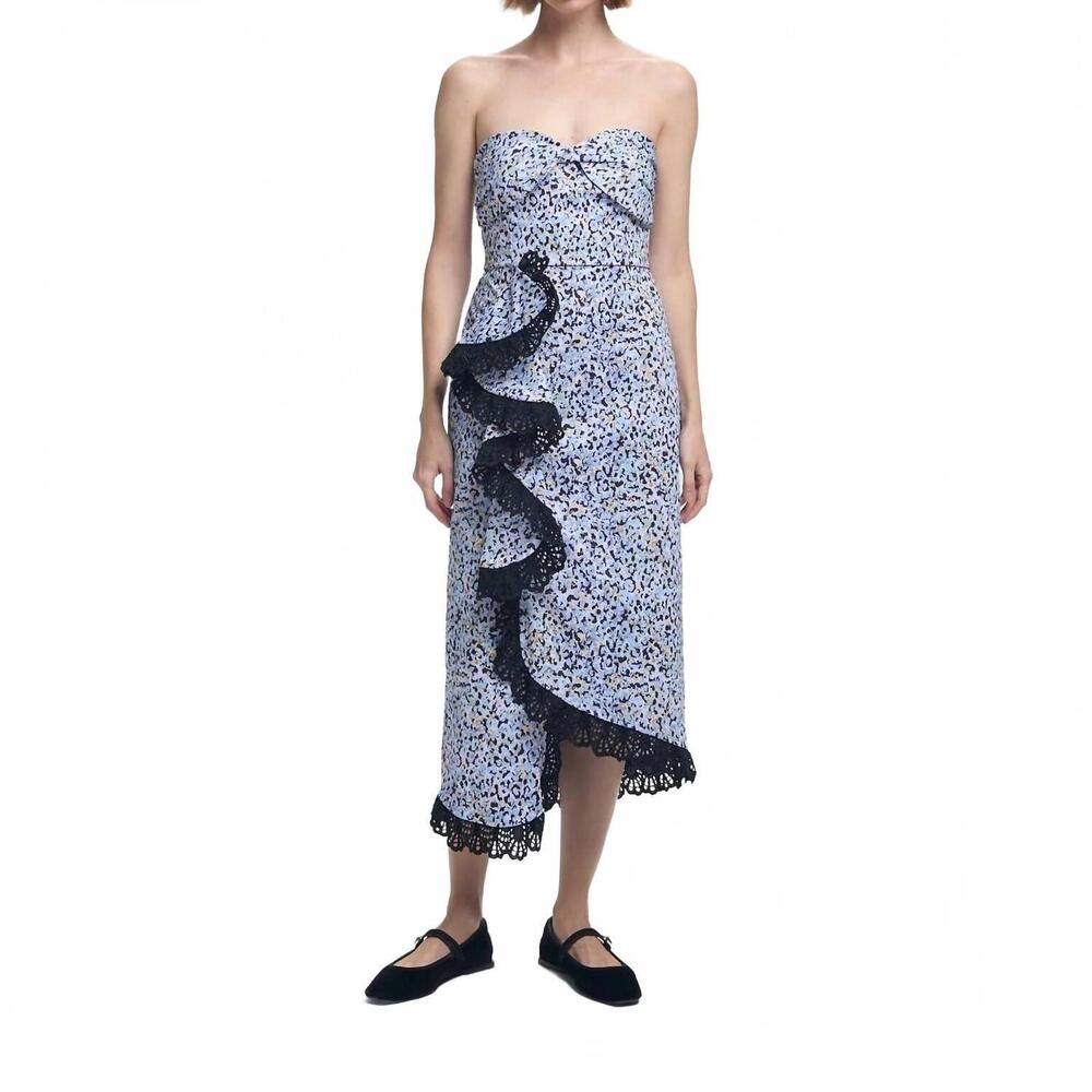 NEW KIKA VARGAS tara midi dress in blue leopard twill